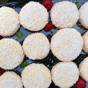 Coconut egg cookies filled with mascarpone & cherries
